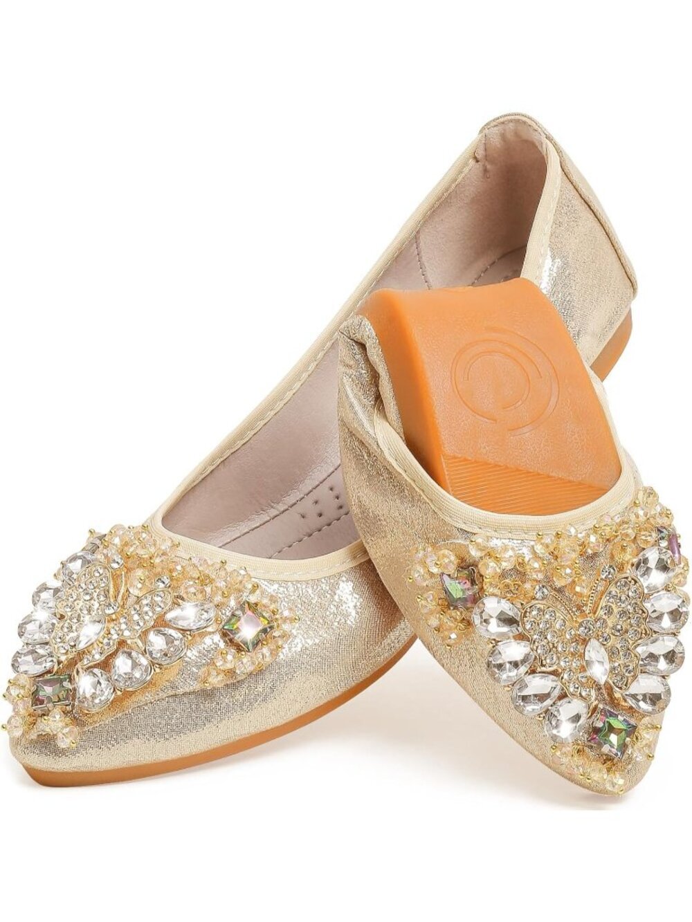 Women's Gold Ballet Flat Cute Rhinestones Bow Slip on Imported Comfort Shoes
